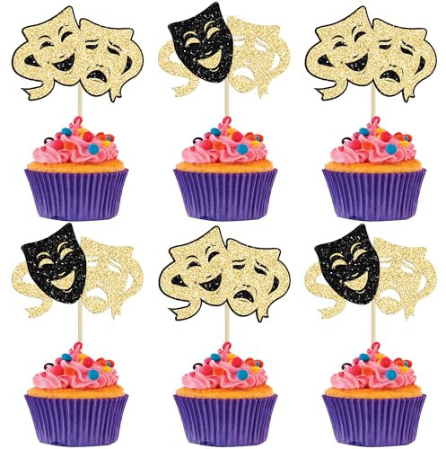 Ephlyn 24 decorazioni per cupcake a forma di maschera teatrale, glitterate, per feste di compleanno, decorazioni per torte, decorazioni per torte a tema film e film nero oro