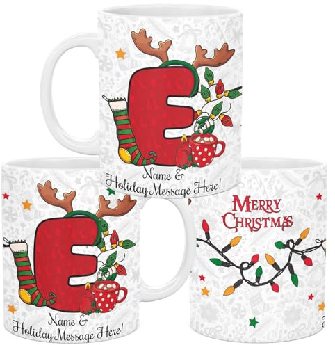 lepni.me Taza Navideña Única con Inicial Carta E Taza Personalizada con Monograma con Su Nombre y Texto, Diseño del Alfabeto, Navidad Taza de Té y Café para Hombre Mujer Niños 11 oz.