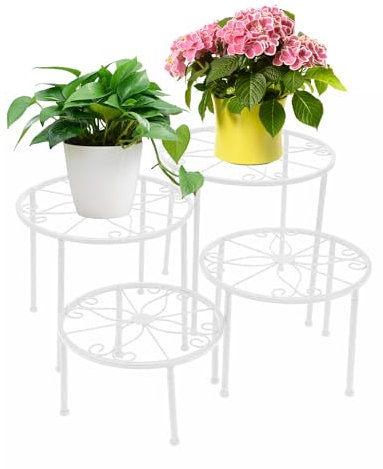 4er Set Blumenhocker Metall für innen, Weiß Blumenbank Blumentopf Wohnzimmer Blumenregal Balkon, Garten Dekoration Blumenständer draußen, Outdoor Pflanzenregal Eisen Display Rack Pflanzenstand Haus