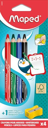 Maped - 4 Crayons de Couleur pour Ardoise Marker'peps Wood + Taille-Crayons - Format Jumbo, Corps Triangulaire - Mine Grasse, Bis FSC - Effaçables à Sec - 4 Couleurs Assorties