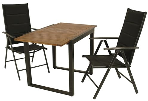 DEGAMO Gartengarnitur RIVELLO 3-teilig, 2X Hochlehner Klappsessel anthrazit und 1x Ausziehtisch Aluminium mit Tischplatte Akazie 80/120x70cm, Outdoor, Moderne Optik
