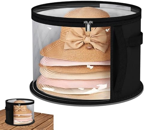 PonFxp Hat Boxes With Lids, 42x26.5cm Large Capacity Hat Storage Organizer with Zip, Foldable Sunhat Box for Travel and Home Use, Durable Fabric Storage Cap Box Fits Various Hats Styles (Black)