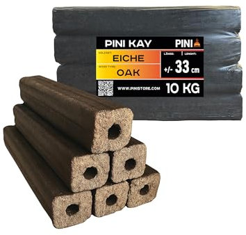 PINI Kay - Bricchette in legno di quercia, 33 cm, quadrate, con foro di trazione, 10 kg, bricchette di legno duro