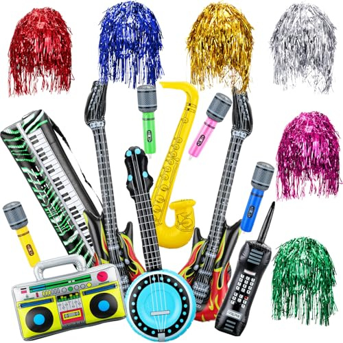 LaRandom Inflatable Instrument Party Props Toy Set 12 Pcs Inflatable Instruments and 6 Pcs Tinsel Wigs Blow up Guitar Saxophone Microphone Mobile Phone for 80s 90s Carnival Party