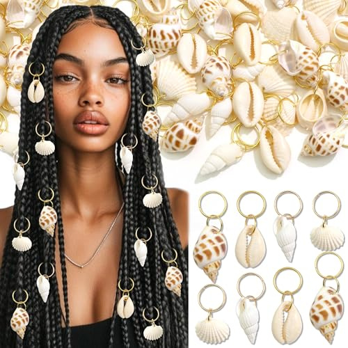 NAISKA 40PCS Shell Hair Jewelry for Braids Seashell Loc Charms Rings Conch Dreadlock Jewelry Boho Gold Braids Clips Accessories for Women Girls