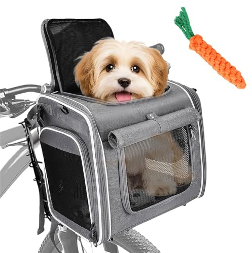 Hundekorb Fahrrad Vorne, Hunderucksackbis 8KG, Erweiterbarer Faltbarer Hund Bike Korb, Faltbarer Atmungsaktiver Hunderrucksack mit 4 Mesh-Fenster, 4-Offenen Türen, Bequemes Kissen, Reflektorstreifen