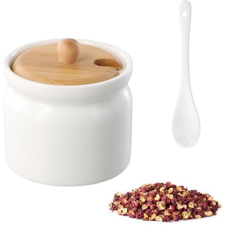 Rieoany Zuckerdose mit Deckel 180ml, Keramikdose mit Deckel und Löffel, Weißer Zuckerbehälter für Tee Kaffee Salz Aufbewahrung, Bambus
