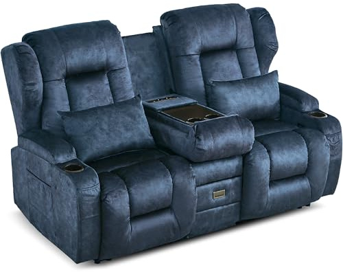 SITURAY 2er Relaxsessel mit Liegefunktion, Zweisitzer Fernsehsessel 2 Sitzer TV Sessel mit Konsole, Manuell Verstellbar Doppel Kinosessel bis 360 kg (Blau)