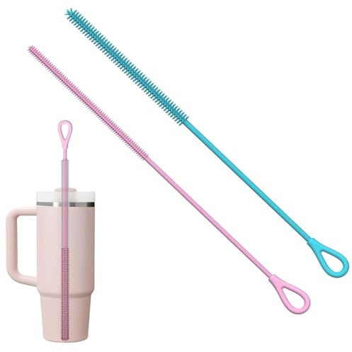 KNUIUYY 2 Pièces Goupillon Paille Silicone, Brosse Paille Réutilisable pour Pailles Verre pour Paille en Verre, Métal, Smoothie et Gobelet, Poignée Antidérapante Souple et Flexible