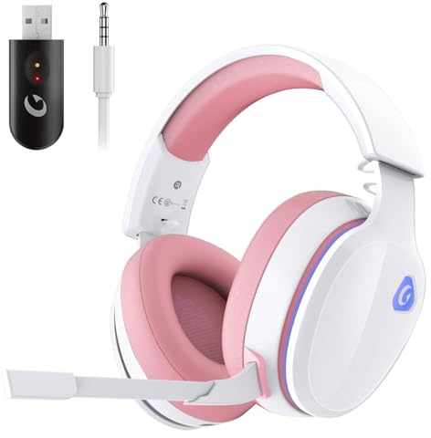 Gvyugke Wireless Gaming Headset,Pink Gaming headphone for PS4 PS5 PC, 2.4Ghz USB Pink Wireless Headset with Microphone Noise Reduction, Bluetooth 5.2 Gaming Headset, Wired Mode for Xbox Serise