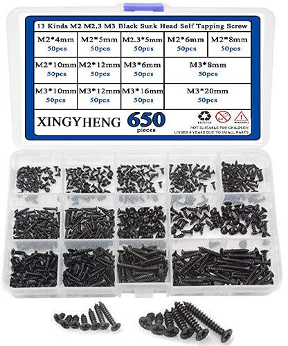 BGTXINGI Assortiment de 650 vis autotaraudeuses à tête bombée M2 M2.3 M3 13 types de vis autotaraudeuses à tête bombée noire en oxyde inoxydable
