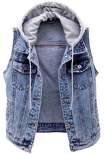 Kedera Women's Distressed Sleeveless Denim Vest with Detachable Hoodie