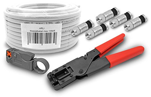 ARLI HD Sat Kabel 50 m Koaxialkabel 135dB Koaxial 5 fach geschirmt Kompressionszange Abisoliermesser 10 x F Kompressionsstecker 7-7,5 mm Satkabel TV Antennenkabel 4K Zange Abisolierer F-Stecker