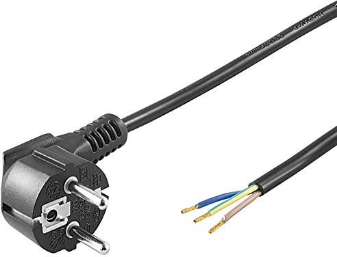 Premiumkabel, kpsft2b, strömkabel AA8230V 2 m, CEE 44384 Schuko-kontakt vinklad till öppen kabelände, 3 kabeländar, färg svart