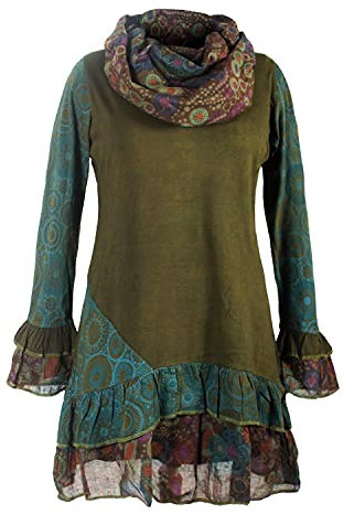 Vishes - Alternative Bekleidung - Damen Langarm Mandala Rüschen-Kleid mit Kapuzenschal Olive 44