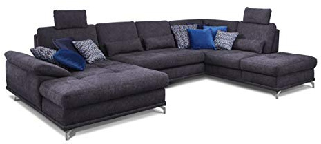 Cavadore Wohnlandschaft Castiel mit Federkern / Große Sofalandschaft mit Sitztiefenverstellung und Kopfstützen / 368 x 114 x 232 / Webstoff, Dunkelblau