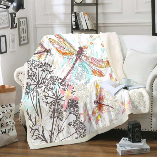 Feelyou Dragonfly Fleece Sherpa Throw Blanket Soft Cozy Fluffy Flowers Fuzzy Blanket Caring Gift for Women & Adults Botanical Weed Plush Microfiber Blanket 30x40
