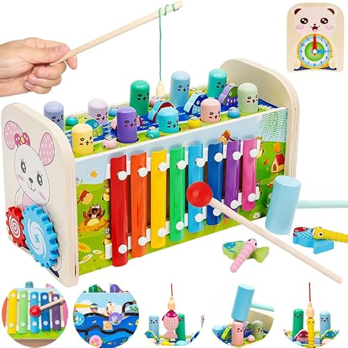 Nukdey Xylophon und Hammerspiel Klopfbank Holz Motorikwürfel 7 in 1 Musikinstrumente für Kinder Montessori Pädagogische Spielzeug Holzspielzeug Geschenke für Jungen und Mädchen ab 3 Jahre +