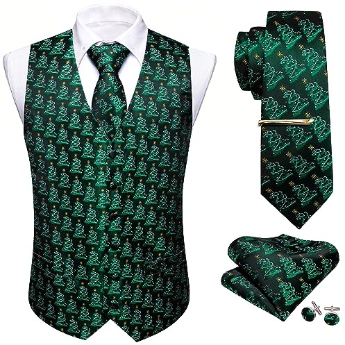 Barry.Wang Herren Weihnachten Weste Anzug Krawatte Urlaub Business Fliege Kleid Weste V-Ausschnitt Party Schneeflocke Xmas Kostüme, Grüner Weihnachtsbaum, XL