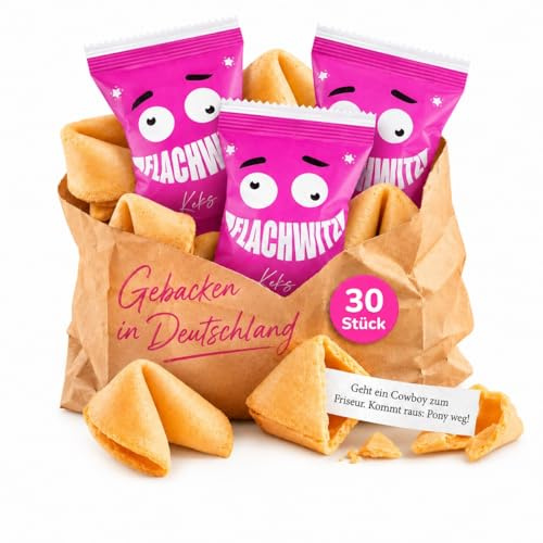 Glückskekse Flachwitze pink | Glückskekse lustige Flachwitze für Kinder und Erwachsene zur Party, Geburtstag, Candybar, Geschenk | Kekse frisch gebacken vegan & made in Germany (30 Stück)