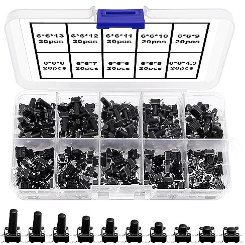 VooGenzek 200 Piezas 10 Valores Interruptor de Boton Momentaneo Tactil, 6×6mm Pulsador Táctil Interruptor Micro Momentáneo Tacto Kit con Caja de Plástico, Negro