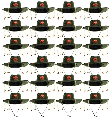 Australia Cork Hat - Pack of 24 - Green Hat with Orange Koala Badge and Hanging Corks - Australian Fancy Dress Costume Accessory Australia Day Accessory