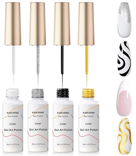 KANORINE Gel Liner Nail Art Kit - 4 Colors Black White Glitter Silver Gel Polish - Soak Off & Curing Required - 8ml with Thin Nail Art Brush
