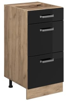 Vicco Küchenunterschrank R-Line, Schwarz Hochglanz, 40 cm | 3 Schubladen · Ohne Arbeitsplatte · Höhenverstellbare Füße · ✓ Leichter Zugriff · ✓ Frei kombinierbar