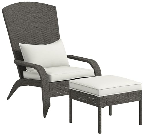 Outsunny Sedia da Giardino con Poggiapiedi, Braccioli e Cuscini Imbottiti, Sedia Adironrack in Rattan e Acciaio, 64x82x89 cm, Grigio e Bianco Crema