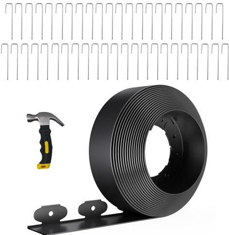 33FT Landscape Edging 4 in Tall with 45 Spikes, Garden Edging Border and 1 Hammer, Plastic Landscape Edging Border Lawn Edging for Landscaping, Flower Beds, Yard