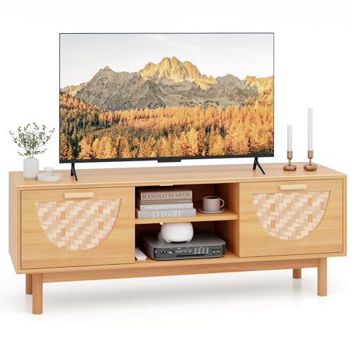 COSTWAY Mobile Porta TV Fino a 55, Mobile TV con 2 Cassetti e 2 Ripiani Aperti, Tavolino per TV con Gambe in Legno, per Soggiorno, Camera da Letto, Portata 80 kg, 120 x 35 x 45,5 cm