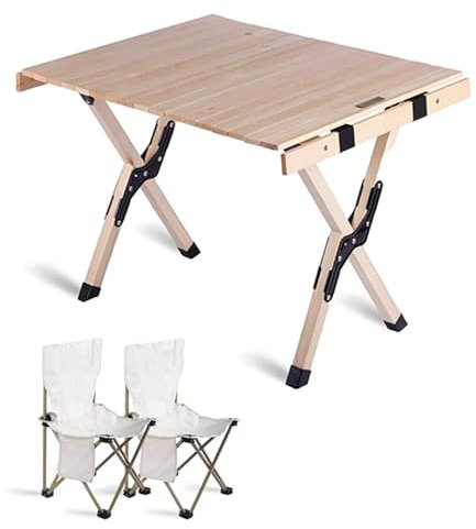 Klapptisch mit Stühlen Set, Campingtisch Klappbar aus Massivholz Stabil und Tragfähig für Camping Picknick Garten