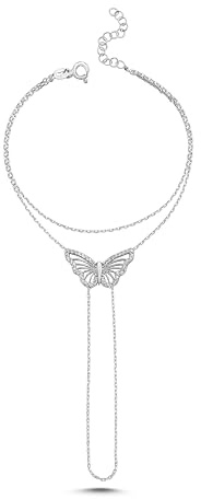 ELVNY Pulsera de Cadena para Mano con Anillo de Plata de Ley 925 Chapada en Platino, Delicada Pulsera de Dedo con Circón, Joyería de Boda, Regalos para Mujeres, Talla Ajustable, 16+4 cm, Plata de ley
