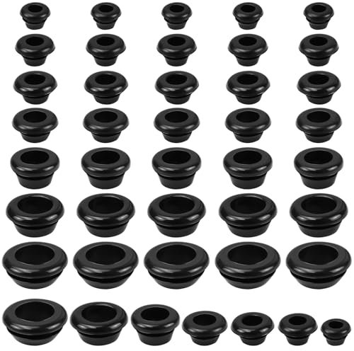 CONJURAIDE 70 Stück Gummitülle, Schwarz Kabeldurchführung Wasserdicht Kabeltülle Verschlussstopfen Gummi Durchgangstüllen Leiterdichtung Ring Gummitüllen für kabel zum Draht Und Kabelschutz 7 Größen