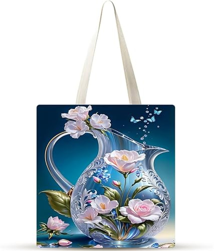 Cekog Glaskanna blommor tygväska tygväska, set med 20 kvinnor tryckta toteväskor, återanvändbara shoppingväskor, tygväska dam strandväskor för arbete, shopping, skola, 20 st, 20 pcs
