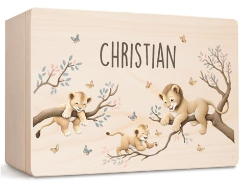 Little Deco Erinnerungskiste Baby personalisiert mit Löwen | 40 x 30 x 22 cm | Babybox mit Name Taufgeschenk Erinnerungsbox Geschenk zur Geburt für Junge & Mädchen XHL1043-02