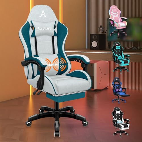 ALFORDSON Kontorsstol, spelstol, massage-spelstol, ergonomisk spelstol med fotstöd, nackstöd, massage-ländryggskudde, vadderad, snurrstol av linnetyg, mörkblågrön