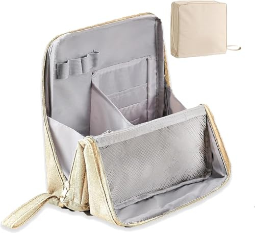 Kulturbeutel Reisetasche, Tragbarer Wasserdicht Make-up-Kosmetiktasche, Großes Fassungsvermögen Schminktasche mit Fächern, Multifunktional Waschtasche für Herren & Damen (Beige)