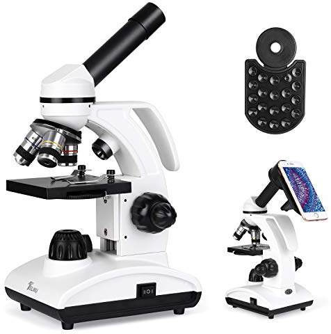 Microscopio biologico monoculare (40-1000x), dotato di sorgente luminosa a LED e supporto per cellulare.