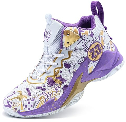 Bolognifi Chaussures de Basket Montantes for Hommes avec Amorti en Maille Respirante et Semelle antidérapante Équipement de Basketball(White-Purple-2,41 EU)