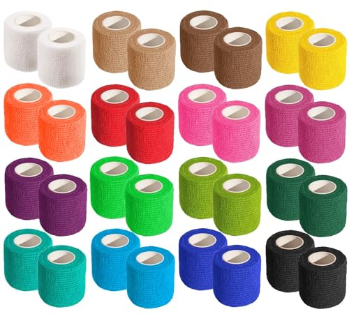 Allruyee 32 Rolls Self-Adherent Cohesive Wrap Tape, 2 Inch x 5 Yards Stretch Sport Tape in 16 Colours, Skin-Friendly for Sports Support, Equipment Grip & Pet Care