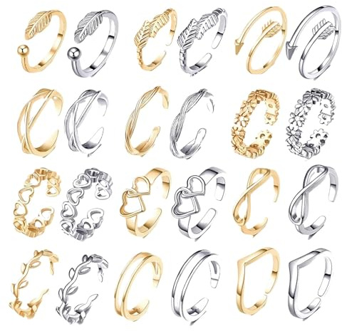 oooaooo 24 Stück Zehenring Silber Damen Gold Set, Zehenring Gold Fußring Offene Fussringe Zehring Zehenringe Damen Silber Zehenringe Verstellbare Toe Ring Schmuckset