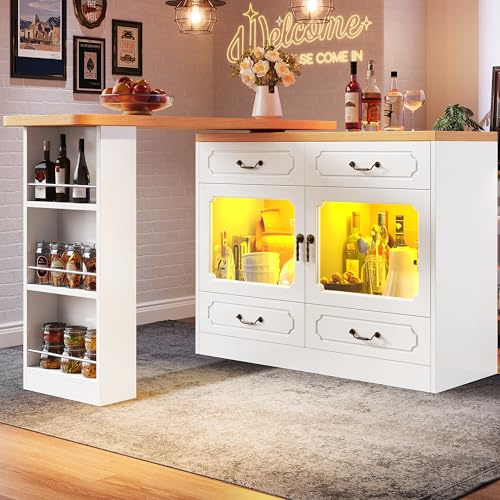 Ligterra Tavolo da bar allungabile con vano portaoggetti, tavolo alto isola cucina, bancone girevole a 360°, 4 cassetti, mensola snack con LED, per soggiorno, sala da pranzo, 135-203 x 39 x 92,9 cm