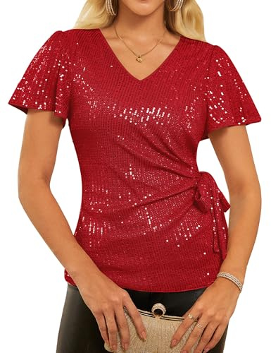 GRACE KARIN Femme Haut Chic À Sequins Blouse Soirée Élégante À Paillettes Top De Fête Col en V Manches À Volants Courtes