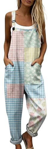 Udbeksid Salopette Donna Estiva in Cotone Lino - Tuta Intera Elegante Boho Chic Tuta Stampa Pantaloni Baggy Gamba Larga Ample Jumpsuit Curvy con Tasche Comoda per Mare e Vacanze Spiaggia