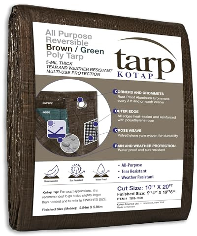 Kotap 10 x 20 Ft. All-Purpose Multi-Use Protection/Coverage 5-mil Poly Tarp, Reversible, Waterproof, Brown/Green, (TBG-1020)