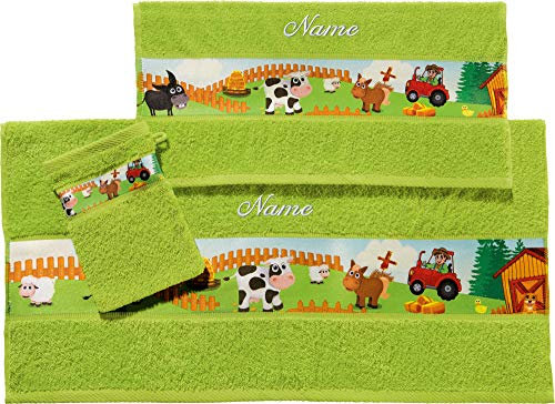 Erwin Müller Kinder-Handtuchset, Frottier-Set 3-TLG. Bauernhof mit Namen Bestickt saugstark grün Größe, 1 Handtuch, 1 Badetuch, 1 Waschhandschuh