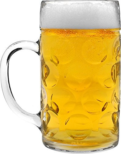 Rink Drink German Beer Stein Glass - 1.3L (2 Pint) Large Dimpled Beer Mug Tankard with Handle for Lager, Ale & Cider - Authentic Oktoberfest Style Glass - Freezer & Dishwasher Safe
