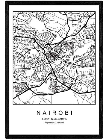 Nacnic Lámina Mapa de la Ciudad Nairobi Estilo nordico en Blanco y Negro. Poster tamaño A3 Sin Marco Impreso Papel 250 gr. Cuadros, láminas y Posters para Salon y Dormitorio