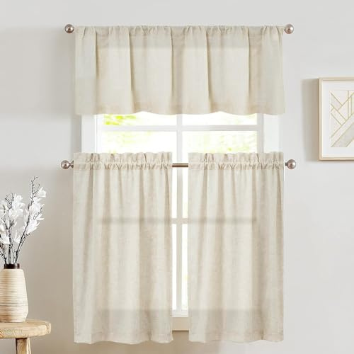 jinchan Beige Linen Kitchen Curtains and Valance Set Tier Curtains 24 Inch Length for Cafe Living Room Bedroom Bathroom Farmhouse Rustic Country Small Drapes 3 Piece Set Rod Pocket Crude
